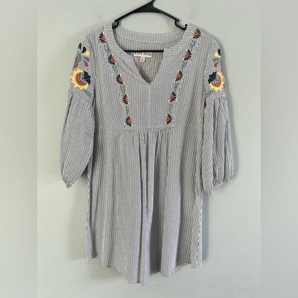 Knox Rose Embroidered 3/4 Ballon Sleeve Dress Sz S blue and white striped boho - Picture 3 of 11